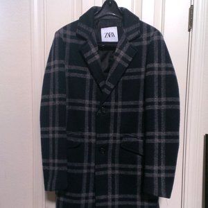 Zara Men's Navy Blue Plaid Topcoat Small Mex 38